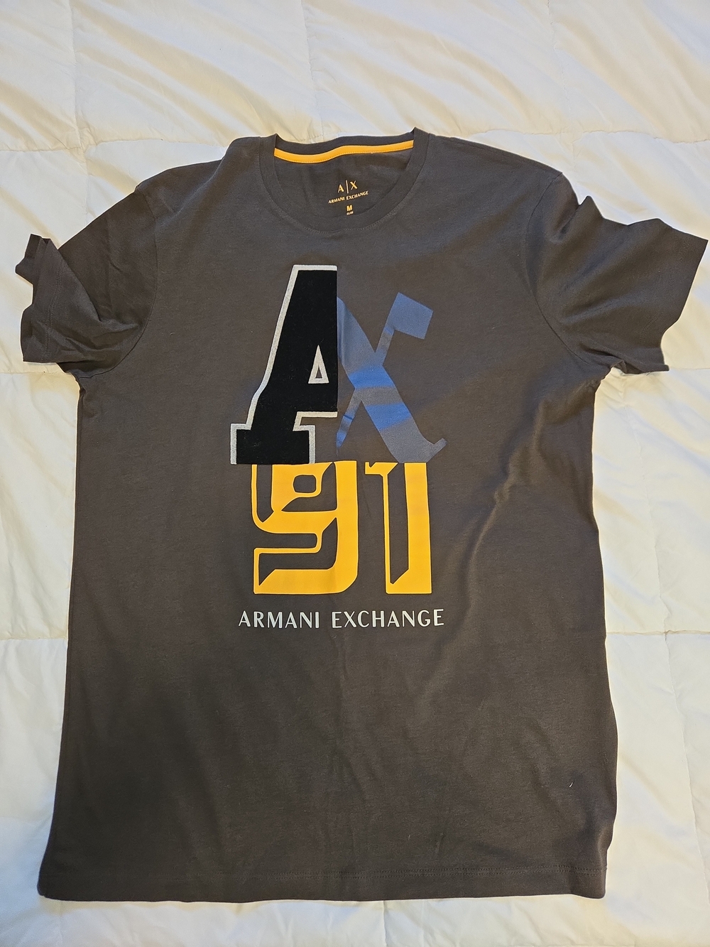 Armani Exchange Men's Charcoal Graphic Logo T-Shirt - Yellow & Blue Accent0616